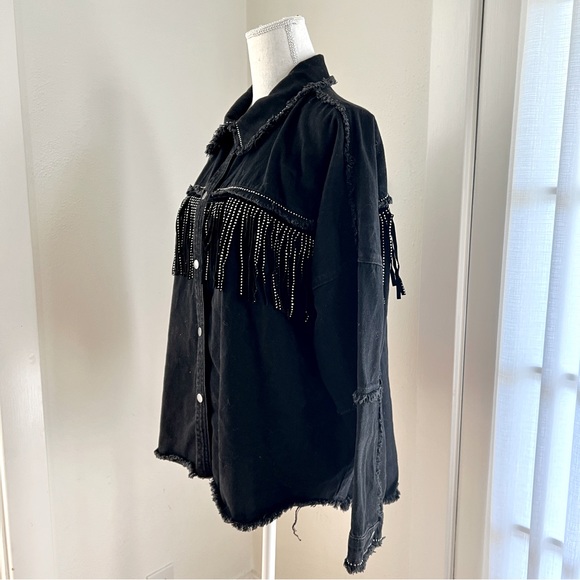 Zara Oversized Black Denim Jacket with Fringe & Rhinestones, Sz Medium - Picture 2 of 7